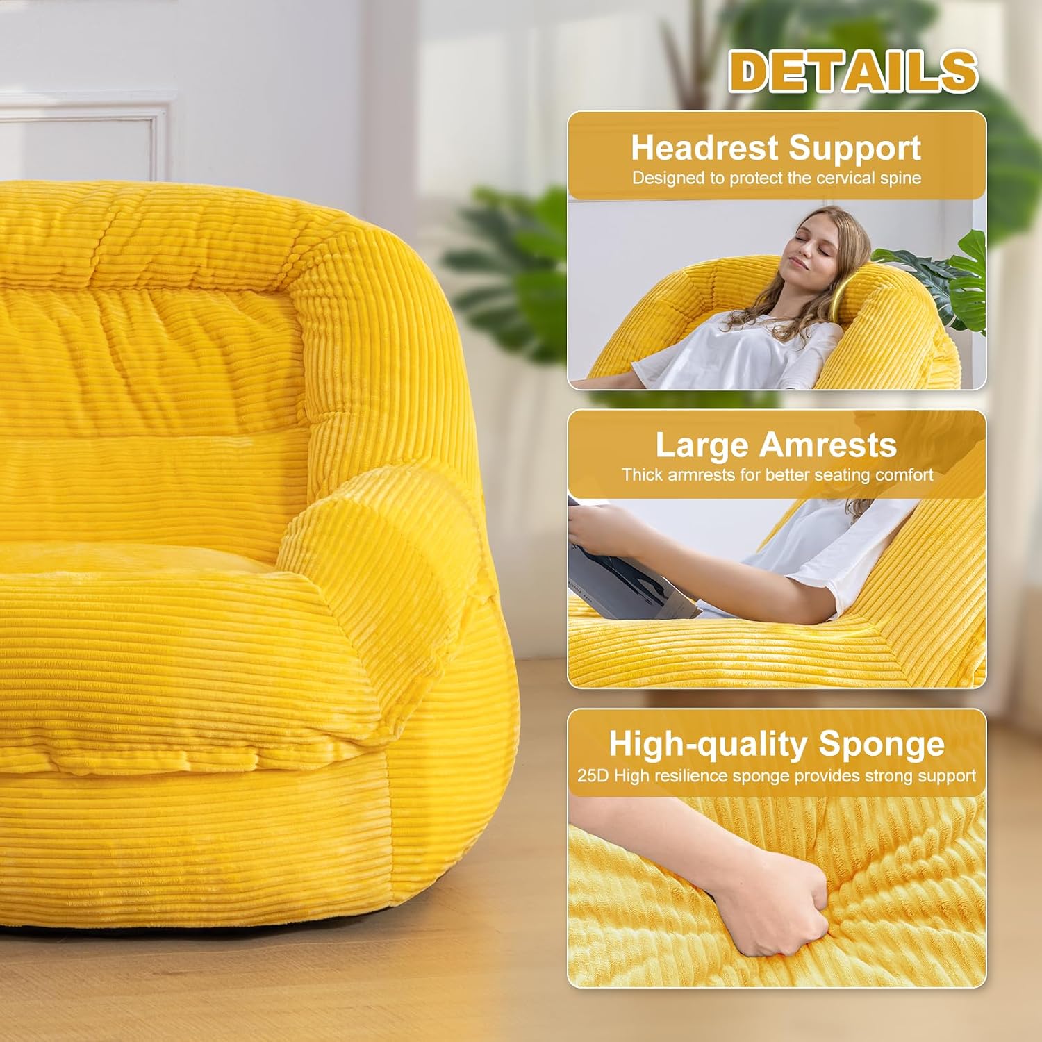 Giant Bean Bag Chair with Armrests - Oversized Cozy Seating for Adults, Corduroy Fabric & High-Resilience Foam Filling, Ideal Lounge for Living Room, Bedroom & Gaming Room (Corn Yellow)