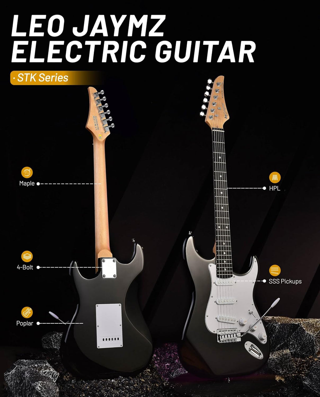 Leo Jaymz Beginner Electric Guitar Complete Kit with Portable Amp, Padded Gig Bag & Full Accessories, Maple Neck SSS Pickups(Black)