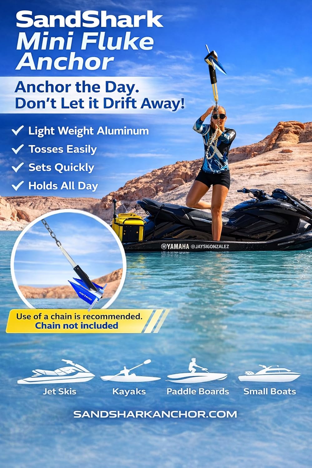 SandShark Premium Fluke Anchor-Retractable Shaft Easy Storage-Aluminum Pontoon Boat Anchor, Jet Ski Anchor. Boats<30 ft. Sand Anchor for Boat, Boat Anchor.