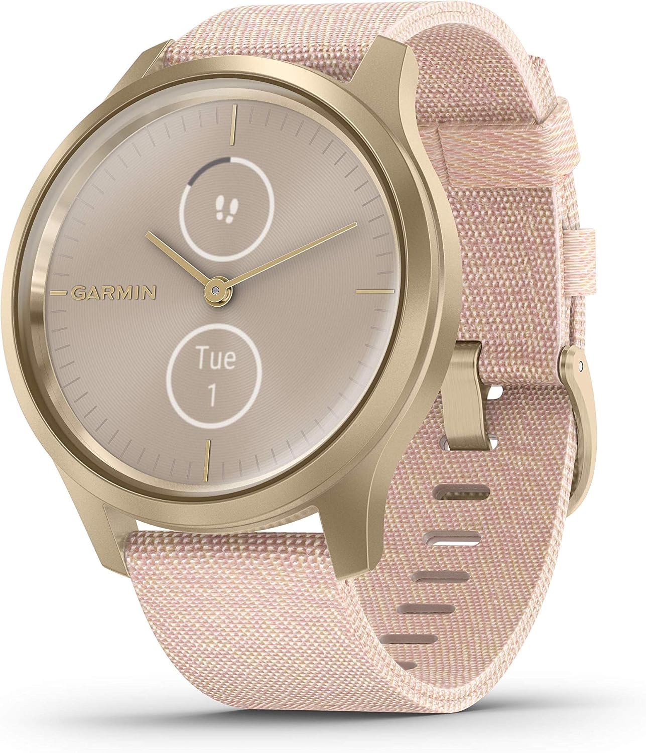 Garmin vivomove Style, Hybrid Smartwatch with Real Watch Hands and Hidden Color Touchscreen Displays, Gold with Pink Woven Nylon Band