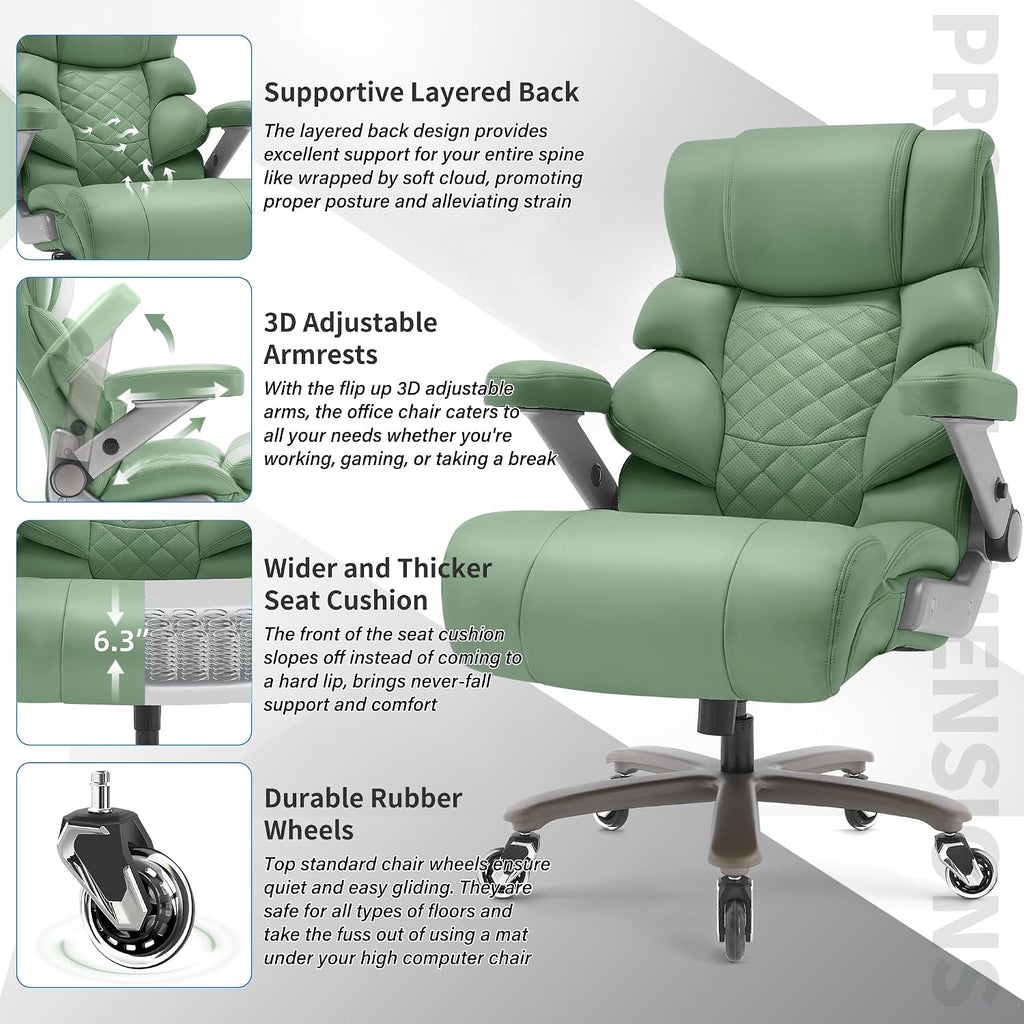 VUZI 700lbs Big and Tall Office Chair-Large Computer Chair with Adjustable Lumbar Support 3D Flip Arms Plus Size Wheels, High Back Executive Desk Chair, Heavy Duty Metal Base, Thick Padded Wide Seat