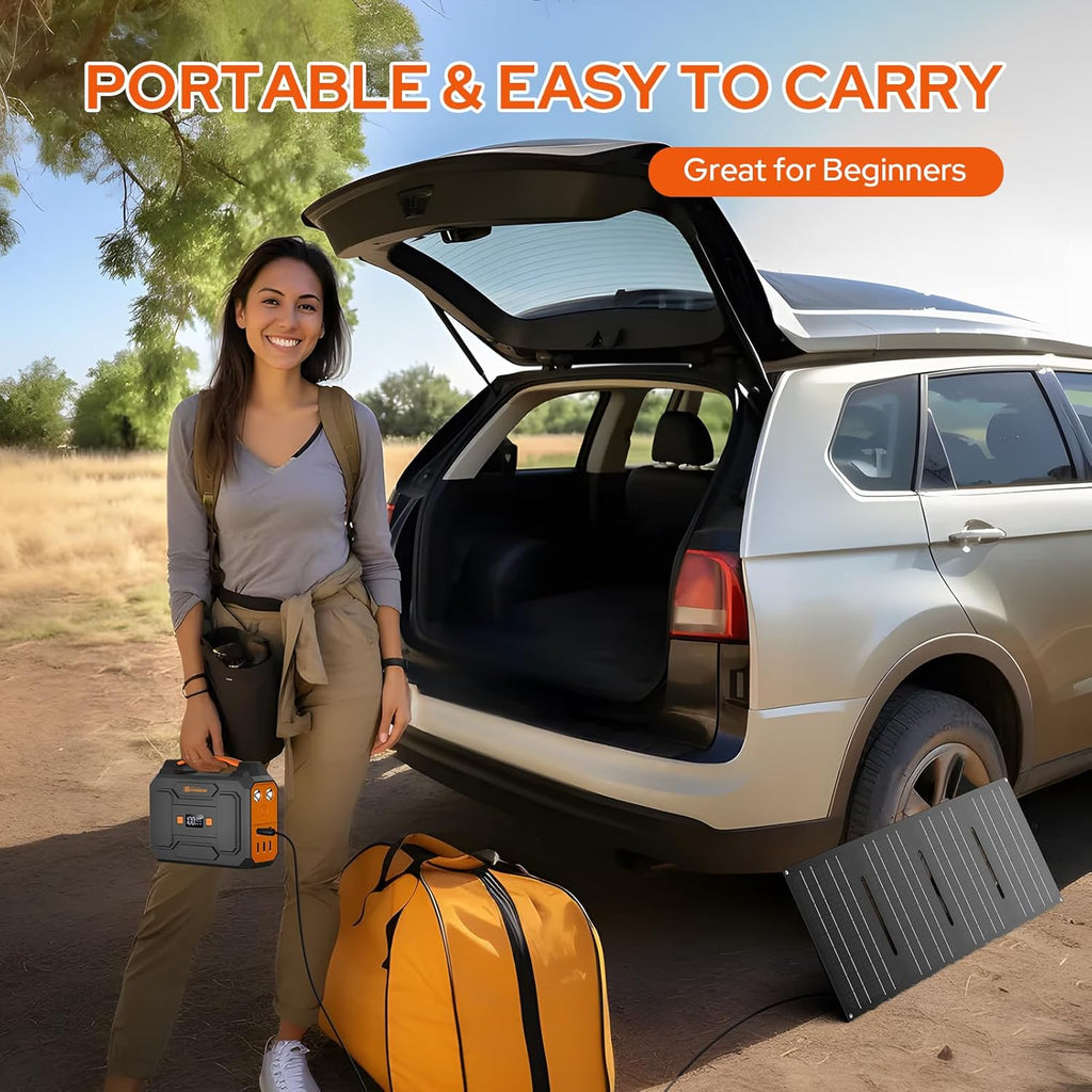 Portable Solar Power Station with AC Outlet, 100W 110V Solar Power Bank Generator with Foldable Panel 40W and 5w LED Bulb for Laptop Smart Device Home RV Outdoor Camping Adventure Emergency