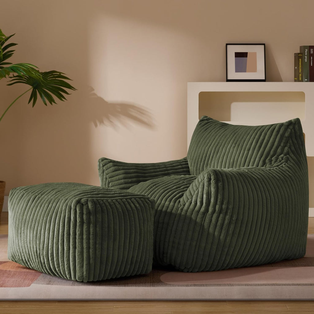 Gericco Oversized Bean Bag Chaise Lounge Chair Indoor for Adults with Armrests & Ottoman - Giant Comfy Green Beanbag Lazy Floor Sofa Cloud Accent Chair for Reading, Gaming, Cozy Plush Cloud Mini Couch