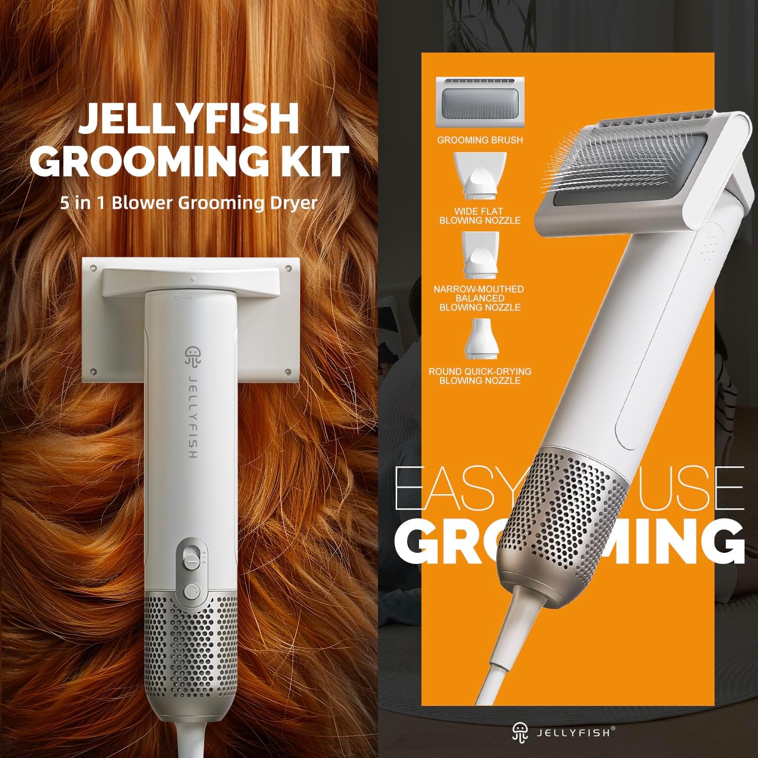 2 in 1 Grooming Kit for Pet-Dog Hair Dryer & Professional Grooming Brush for Frizzy Dog Hair Styling-1.21lb Lightweight Handhold Portable High Velocity Force Blower+4 Replacement Nozzle at Home Travel
