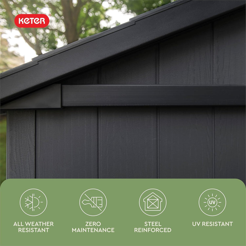 Keter Newton Plus 7.5x15 Ft All-Weather Storage Shed with Skylight, Window, Built-in Ventilation, Customizable Walls, & Lockable Double Doors, Graphite