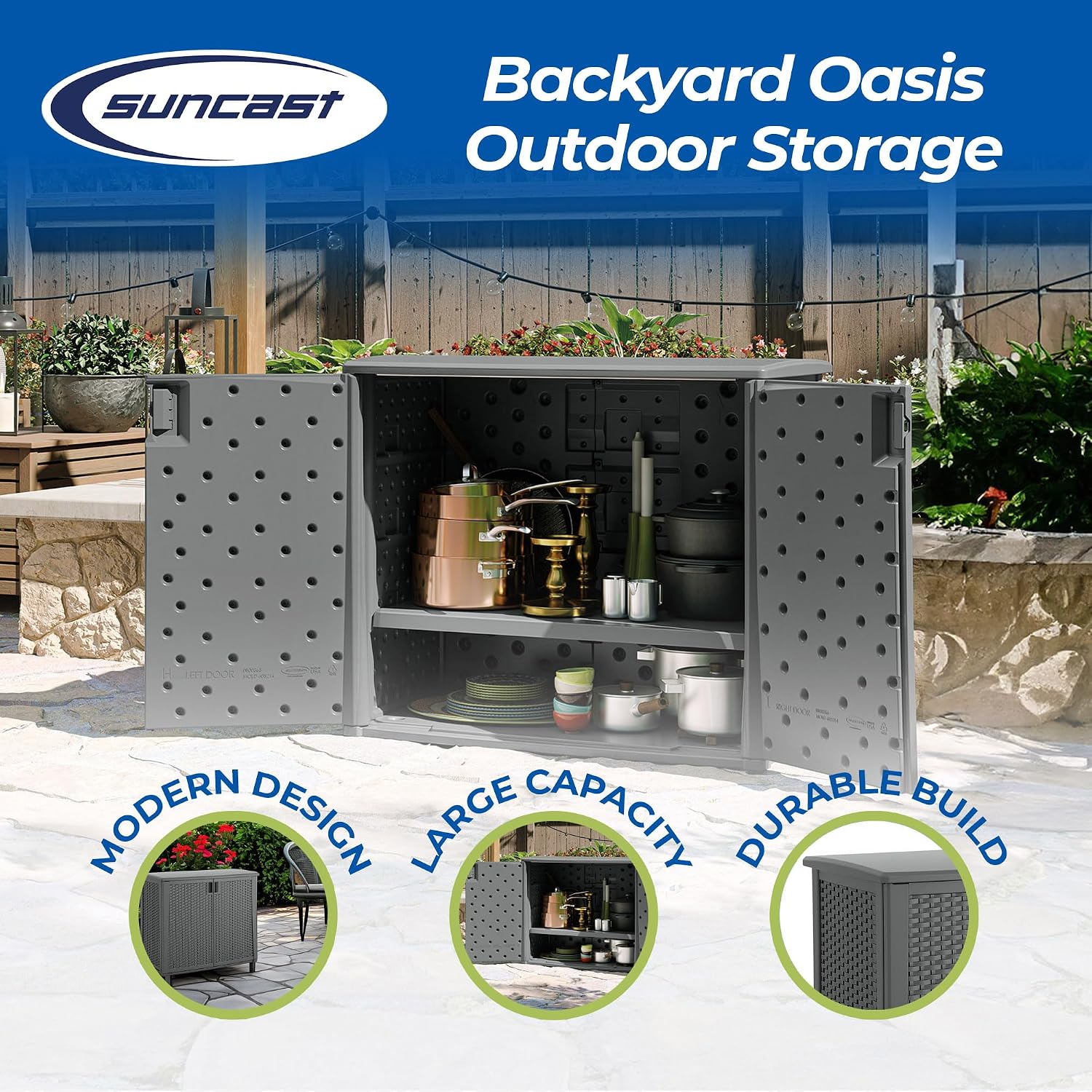 Suncast 42' W x 23' D x 35.5' H Outdoor Storage Cabinet and 33 Gallon Resin Trash Can Bundle, Cool Gray