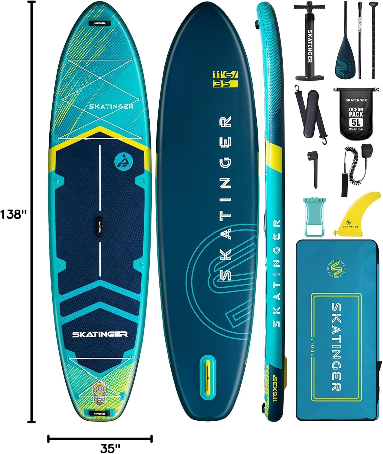 Skatinger 11'6×35' Super Wide Inflatable Paddle Board, Ultra Stable Stand Up Paddleboards for 450lb/3 People/Family/Big Size w/Shoulder Strap, 100L Backpack, Ultra-Light All-Round Sup Board