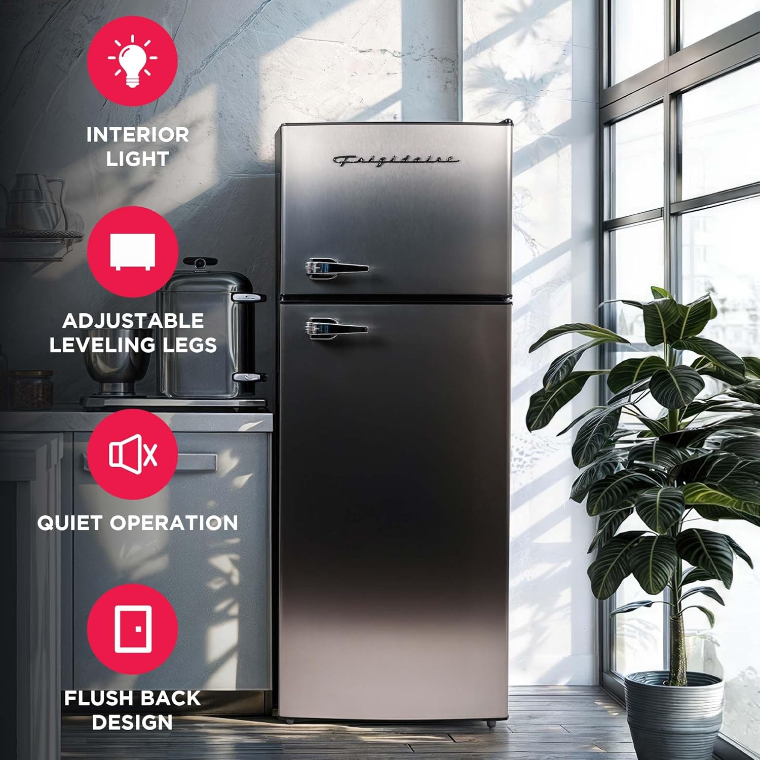 Frigidaire, 2 Door Apartment Size Refrigerator/Freezer Combo, 7.5 cu ft, Platinum Series, Stainless, 23' D x 21.5' W x 55.5' H
