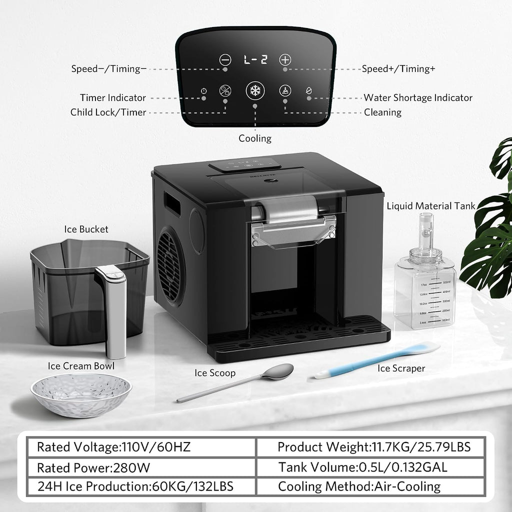 Shaved Ice Machine with Compressor | 60s Fast Fluffy Slushie & Snow Cone Maker | No Pre-Freezing | Sugar-Free Friendly | Self-Cleaning | 16oz Frozen Drink Maker for Home, Party & RV