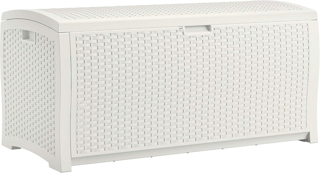 Suncast 99 Gal Resin Wicker Patio Storage Box - Water Resistant Outdoor Storage Container - White & CRAFTSMAN Electric Pressure Washer