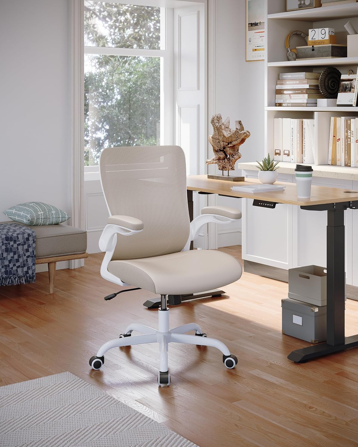 MUXX.STIL Office Chair, PU Leather Ergonomic Desk Chair with Adjustable Lumbar Support and Flip up Armrest, Breathable Mesh Computer Chair for Home Office, Khaki