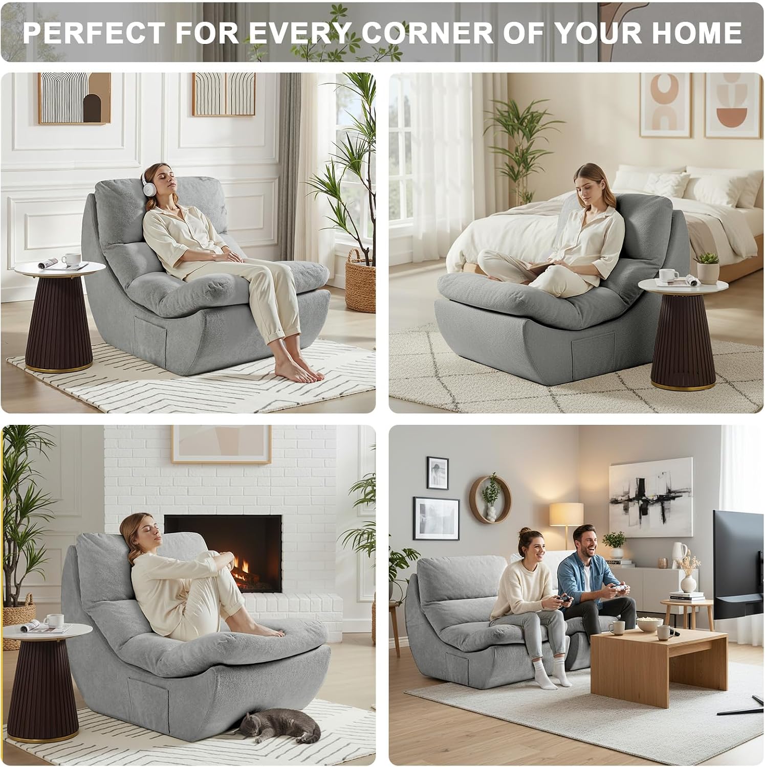 Comfy Reading Chair for Adults, Modular Sectional Sofa Bean Bag Chair, Cloud Boneless Couch Style with High Rebound Foam, Single Seat Compressible Sofa for Living Room & Bedroom, Grey