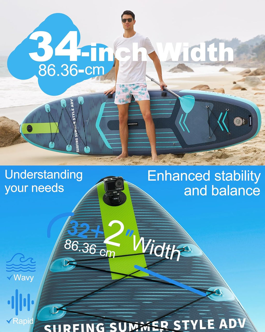 Extra Wide & Long Inflatable Stand Up Paddle Board – 11' x 34' x 6' Premium SUP with Kayak Seat, Surfing & Family Fun | Portable Complete Kit for Travel