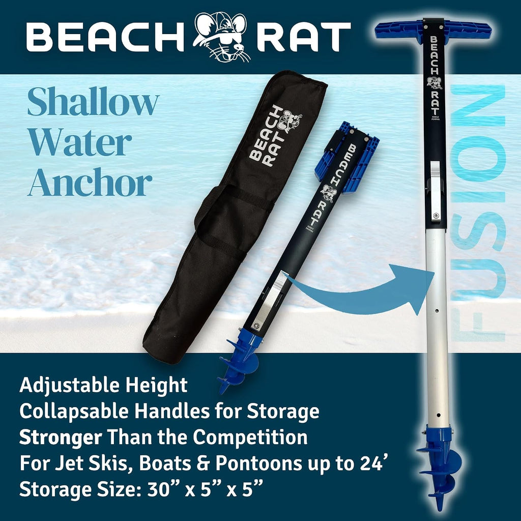 Beach Rat Fusion Anchor & Storage Case - Jet Ski Anchor/Boat Anchor for Shallow Water and Sandbar - High Strength Telescoping Aluminum Pole & Plastic Boat Accessory - Sand Bar Anchor Kit