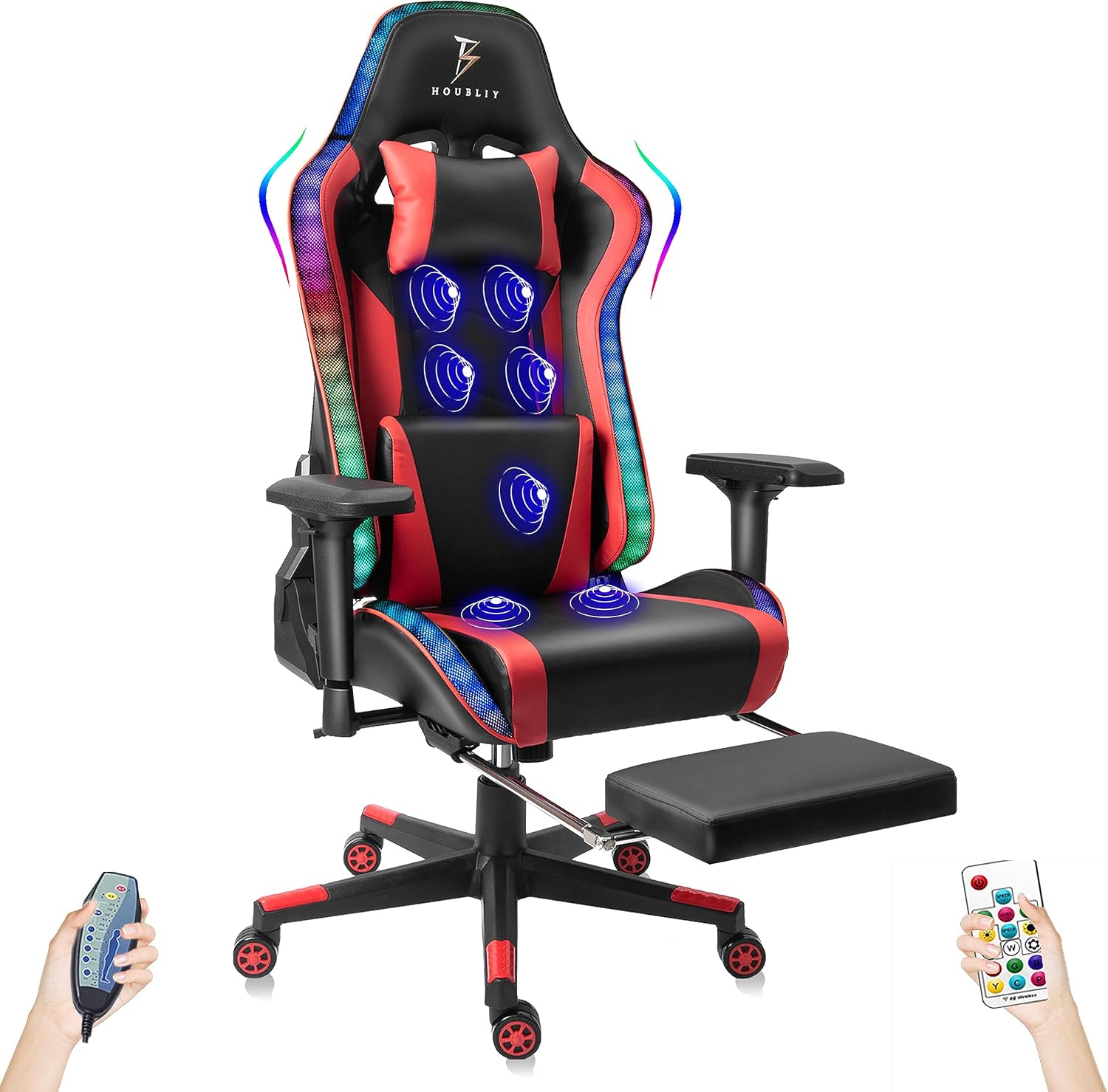 Ergonomic Gaming Chair with Full Massage Lumbar Support, Video Gaming Chair with Speaker and LED Light, with Footrest, 90°-180° Tilt Comfortable Adult Gaming Chair.,Red