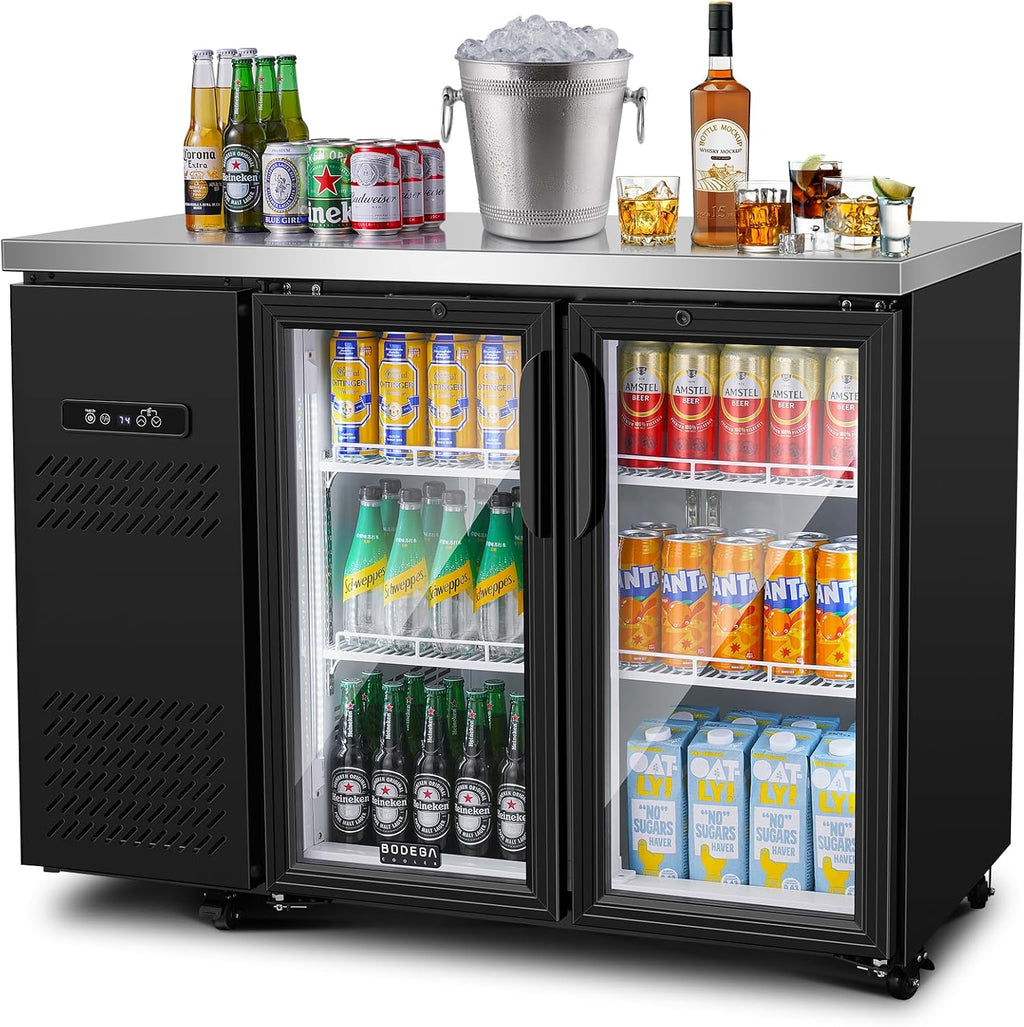 BODEGACOOLER Commercial Back Bar Cooler with 2 Glass Doors,12 Cu.Ft Stainless Steel Commercial Counter Height Bar Refrigerator,Display Drink Beverage Beer Fridge LED Lighting,SUS304 Top,4 Casters