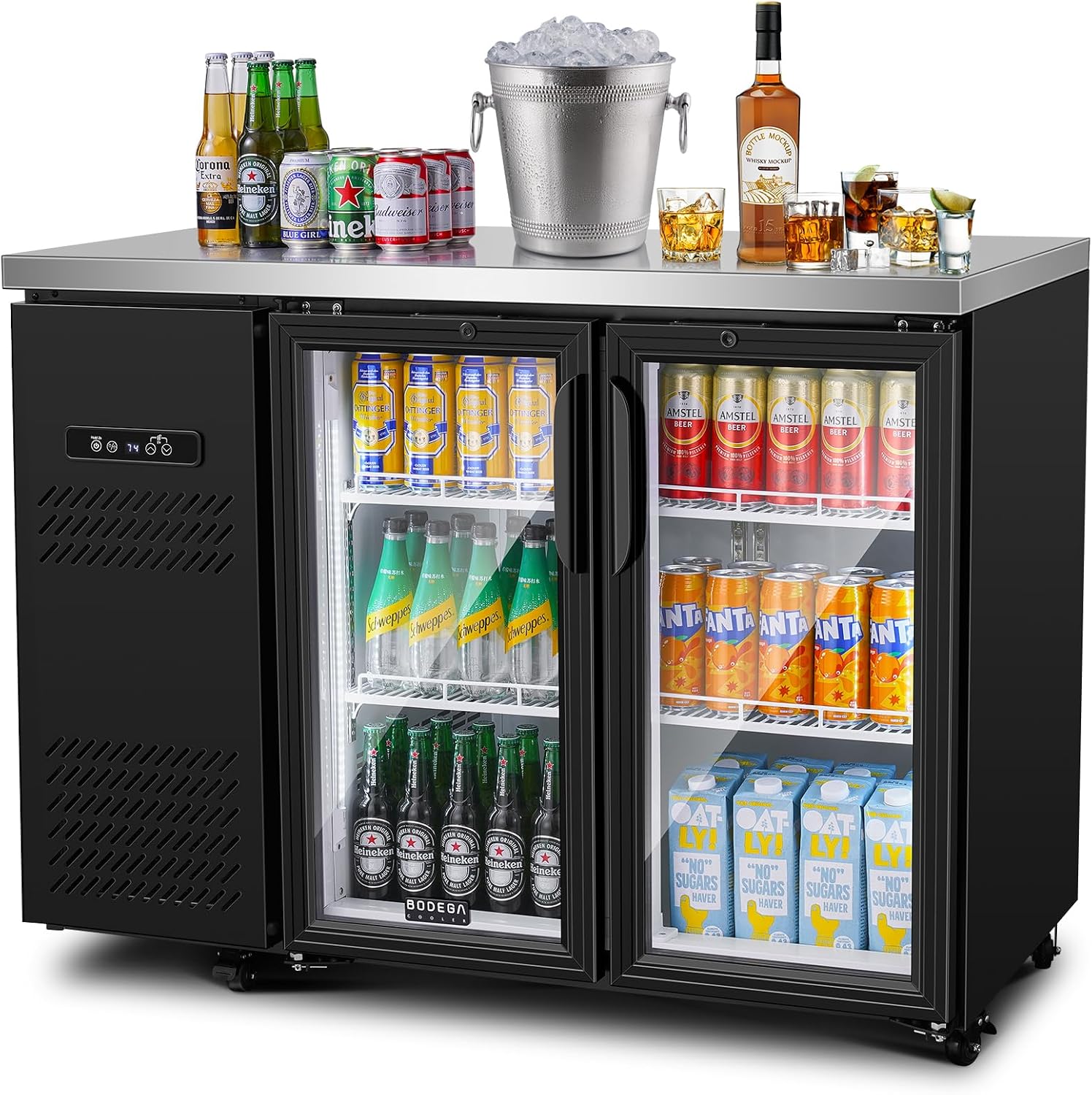 BODEGACOOLER Commercial Back Bar Cooler with 2 Glass Doors,12 Cu.Ft Stainless Steel Commercial Counter Height Bar Refrigerator,Display Drink Beverage Beer Fridge LED Lighting,SUS304 Top,4 Casters