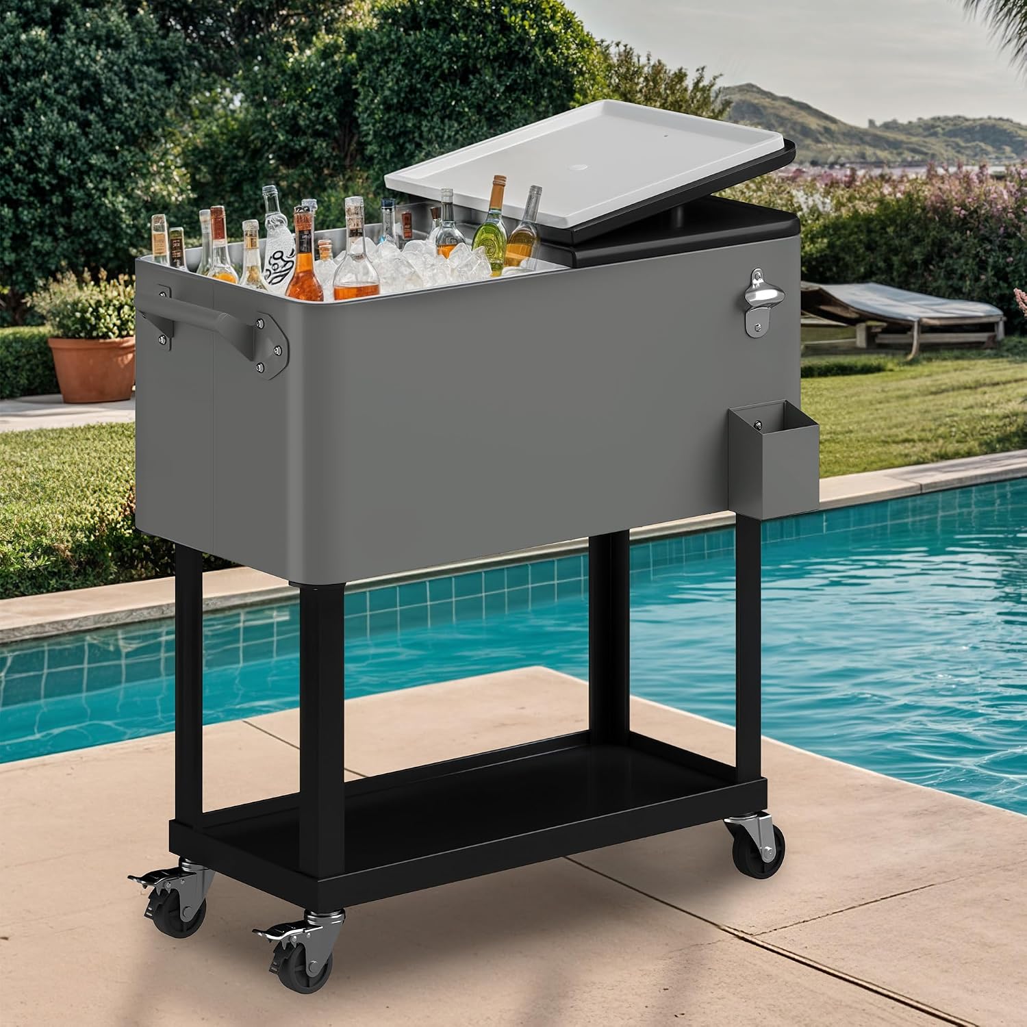 DWVO Ice Chest with Wheels,80 Quart Rolling Cooler with Bottle Opener Drainage, Patio Cooler Cart, Rolling Ice Chest with Handle for Patio Pool Deck Party BBQ Cookouts