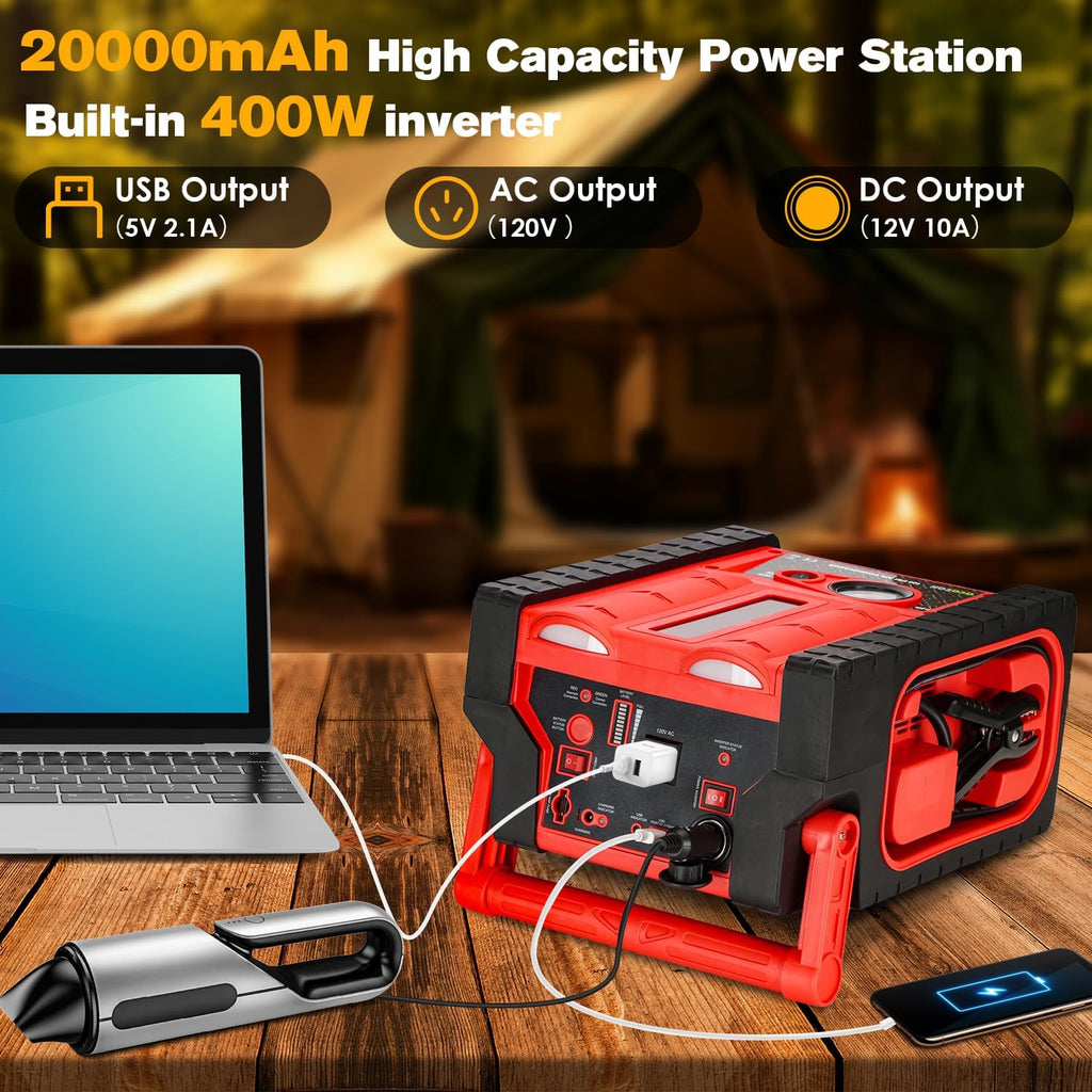 2000A 12V Solar Car Battery Jump Starter-20000 mAh Portable Power Station with 100 PSI Faster Air Compressor, 400W Inverter AC/DC/USB Ports and LED Lights, for Up to 10L Gas and 8.5L Diesel Engine