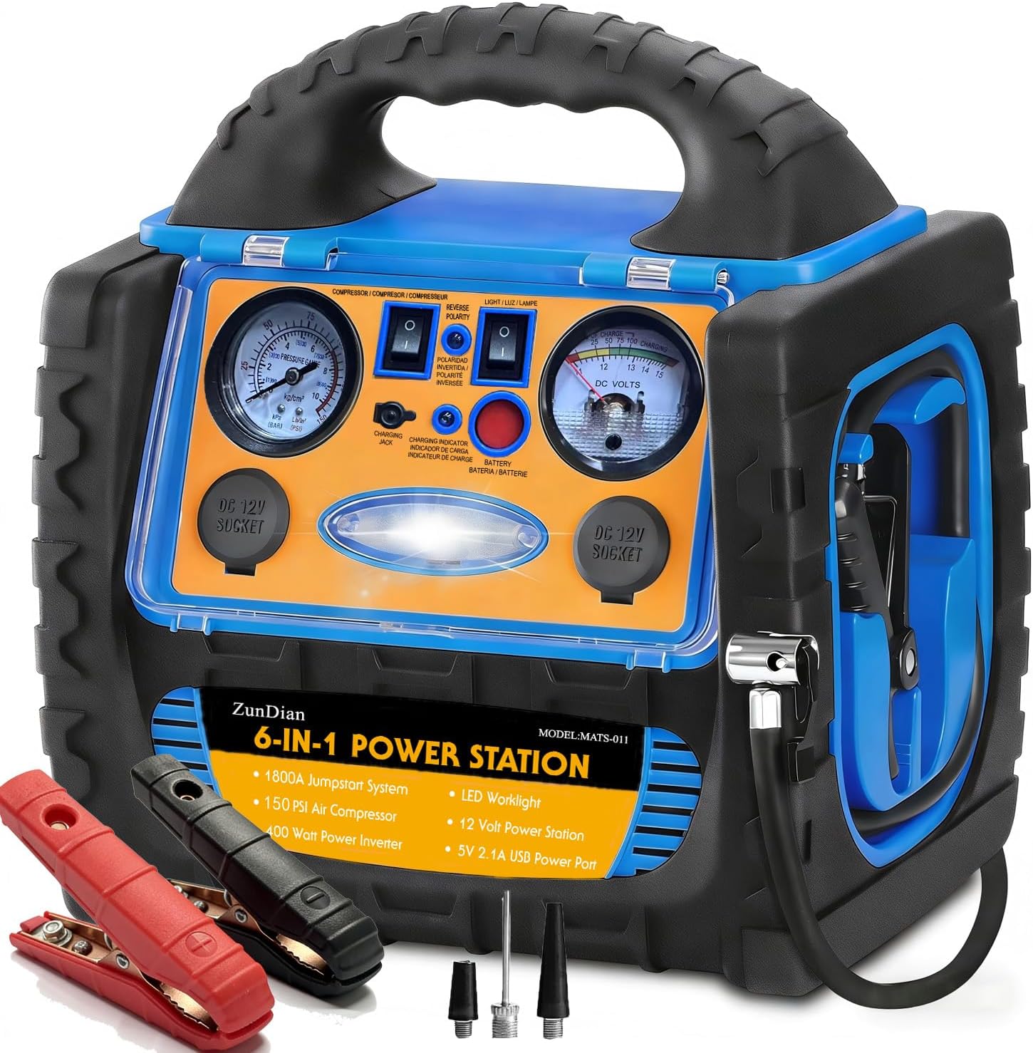 Car Jump Starter with Air Compressor 150PSI, 1800A Battery Charger Jump Box for Car (8.0L Gas/6L Diesel Engine), 12V Portable Battery Booster with 400W Inverter Power Station AC/DC/USB