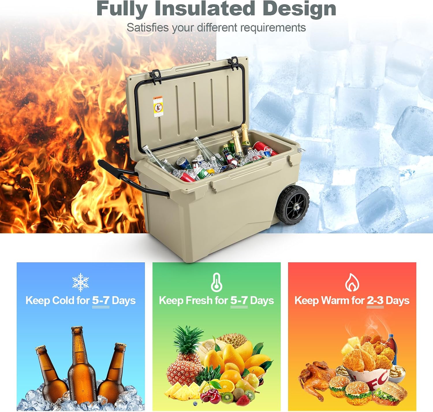 Goplus Cooler with Wheels, Insulated Large Ice Chest with Portable Handles, Cup Holders, Leak-Proof Tight Latches, 5-7-day Ice Retention, Heavy Duty Hard Coolers for Beach Camping Boat