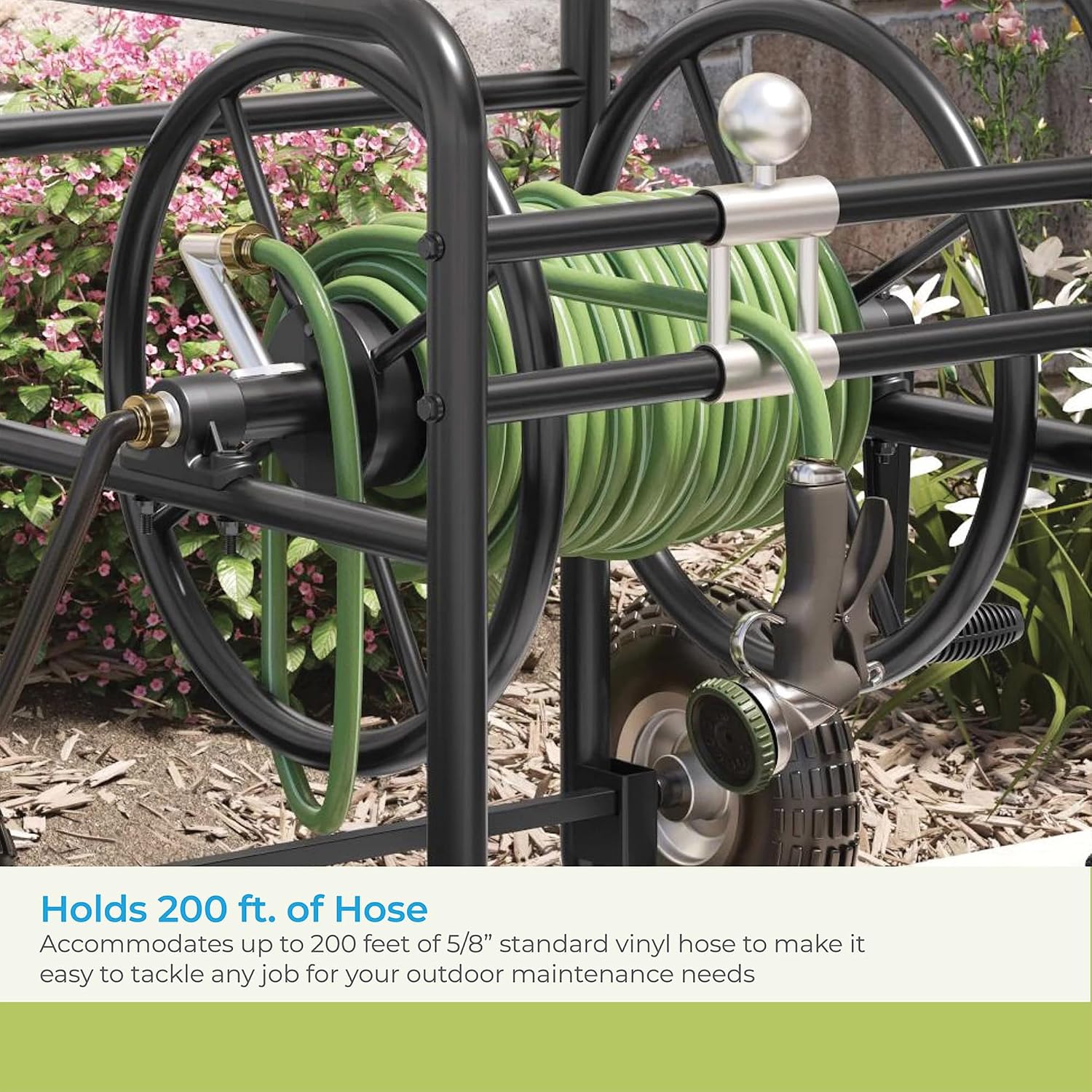 Suncast 200' Pro Hose Reel Cart with Flat-Free Rubber Tires, Outdoor Weather-Resistant Steel Garden Hose Reel Cart, 200' of 5/8' Hose Capacity, Made in the USA