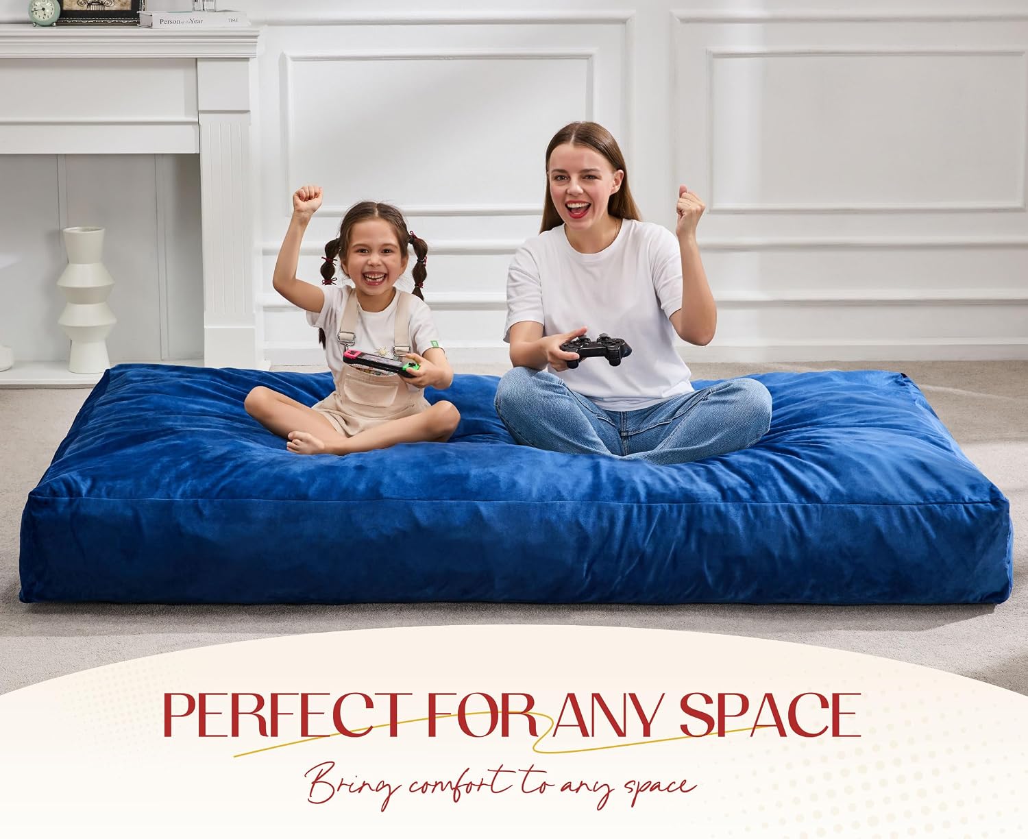 Hobestluk Giant Bean Bag Chair Bed for Adults, Large Bean Bags with High-Density Foam Filling, Convertible Big Sofa Bed Couch for Living Room, Bedroom, Playroom (Blue, Twin)