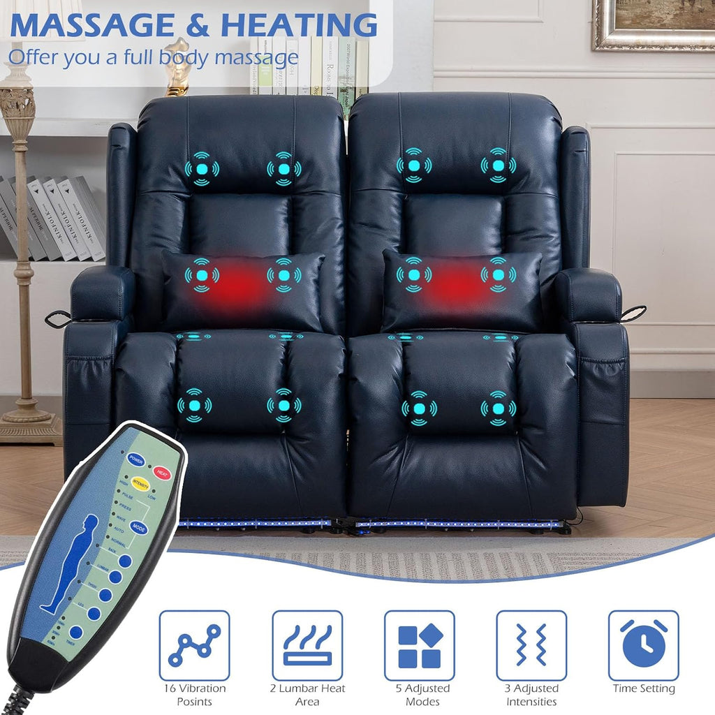 Loveseat Recliner Sofa, Leather Sofa with Massage & Heating, Home Theater Seating Power Reclining Loveseat with LED Light/Cup Holders/Lumbar Pillow (Blue, Loveseat)