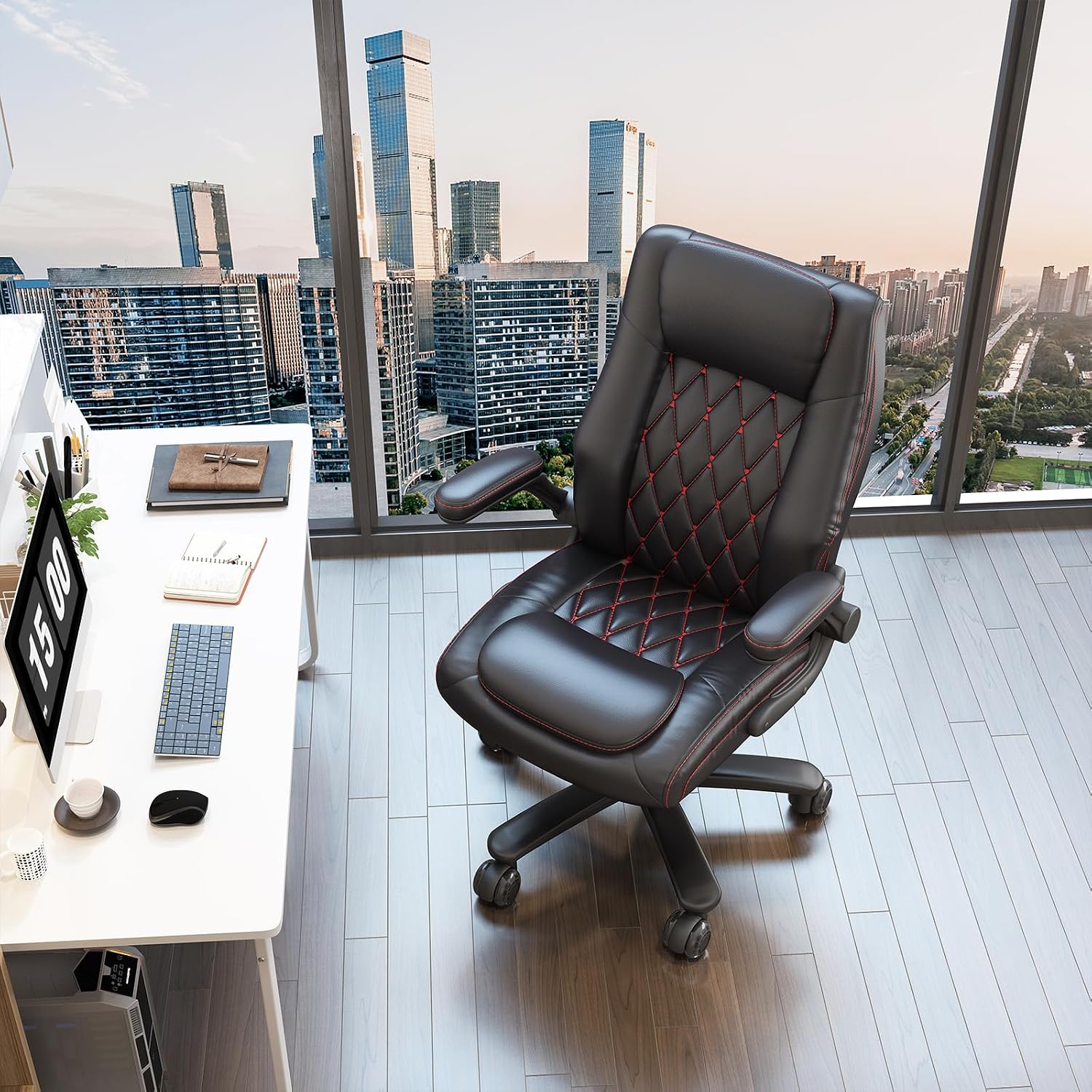 GYI High Back Executive Office Chair, Big and Tall Office Desk Chair 400LBS with Lumbar Support, Flip-up Armrests, Rubber Wheels, Black