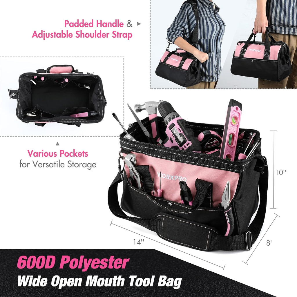 WORKPRO Pink Tool Kit with Drill, Tool Set with 20V Cordless Lithium-ion Drill Driver, Pink Drill Set for Women, 157PCS Home Tool Kit, Lady's Repairing Kit with 14-Inch Storage Bag - Pink Ribbon
