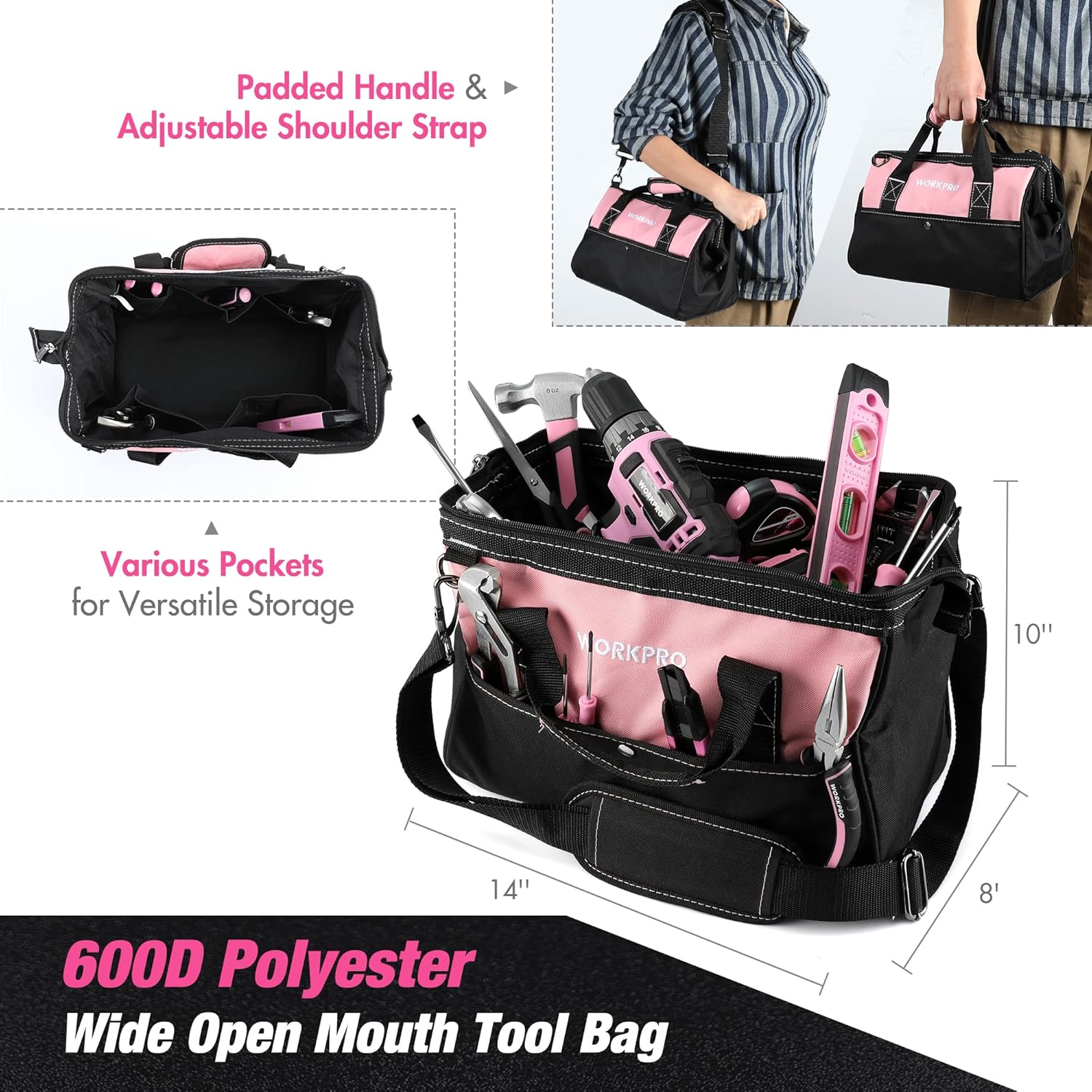WORKPRO Pink Tool Kit with Drill, Tool Set with 20V Cordless Lithium-ion Drill Driver, Pink Drill Set for Women, 157PCS Home Tool Kit, Lady's Repairing Kit with 14-Inch Storage Bag - Pink Ribbon