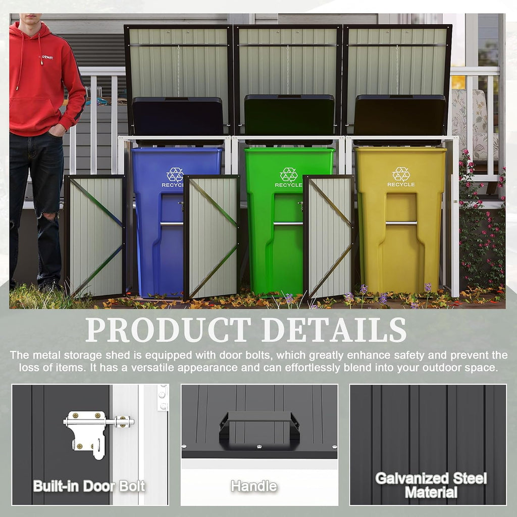 Outdoor Metal Garbage Bin Shed for 3 Trash Cans, Waterproof Galvanized Steel Double Trash Can Storage Shed with Hydraulic Lid, Lockable Door & Large Capacity for Garden Yard Patio, Dark Gray