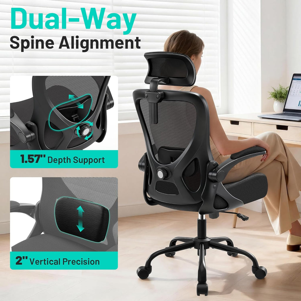 AreShark Office Chair - Ergonomic Desk Chair Breathable Mesh Chair with 2D Headrest & Adjustable Lumbar Support - Executive High Back Rolling Swivel Computer Gaming Chair with Wheels Flip-up Armrests