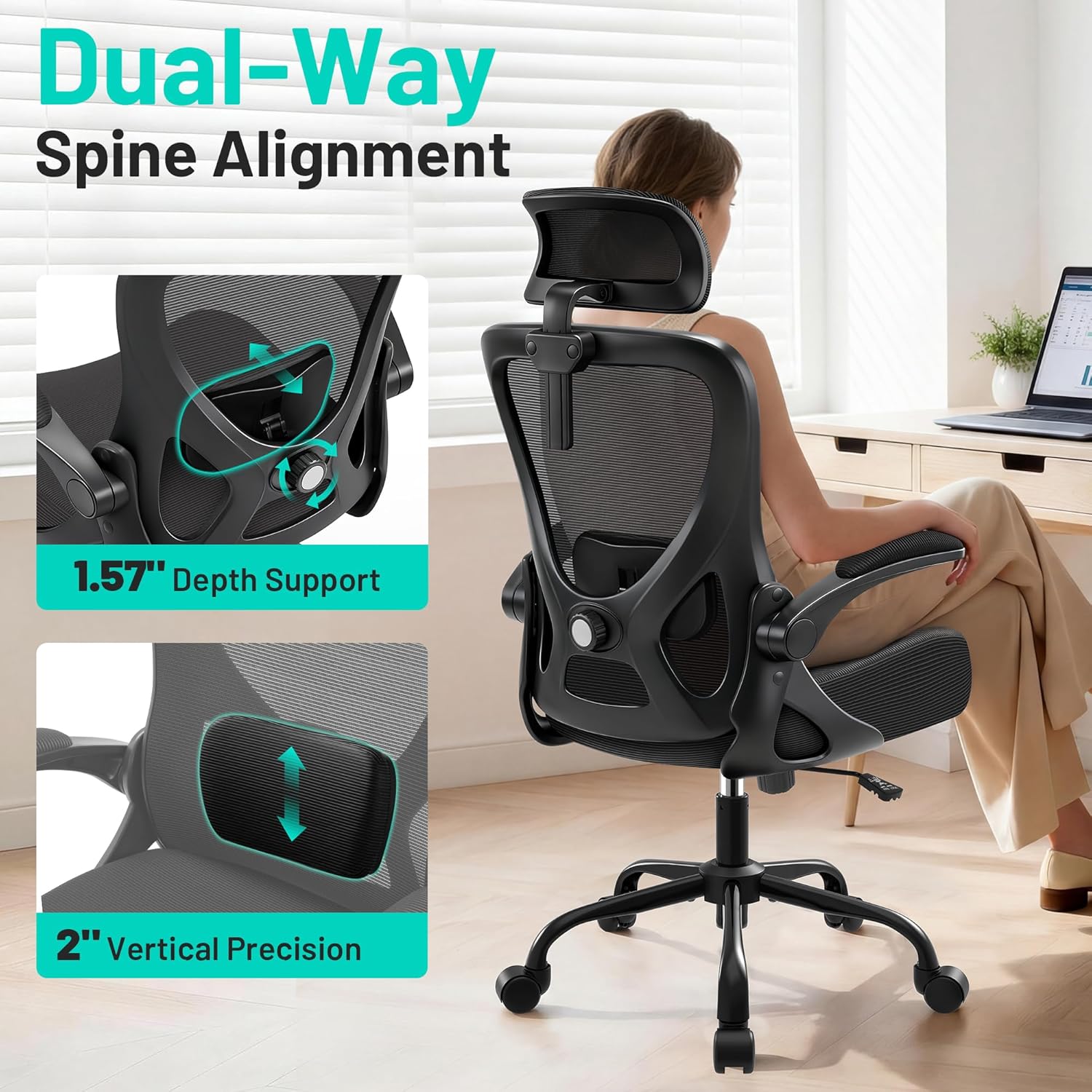 AreShark Office Chair - Ergonomic Desk Chair Breathable Mesh Chair with 2D Headrest & Adjustable Lumbar Support - Executive High Back Rolling Swivel Computer Gaming Chair with Wheels Flip-up Armrests