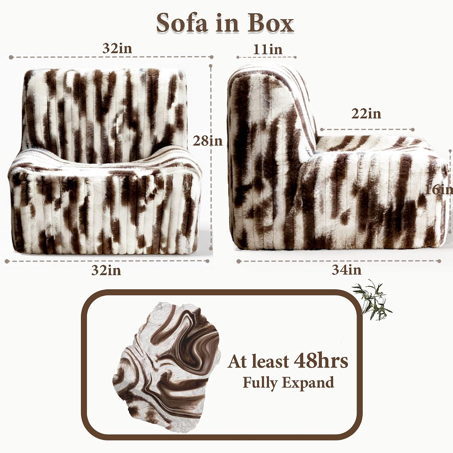 Trenda 32'' Comfy Bedroom Chair for Adult, Boneless Space-Saving Accent Chairs with Spacious Seating, Soft Faux Fur, Ideal Floor Couch for Living Room,College, Dorm to Reading (White& Brown)