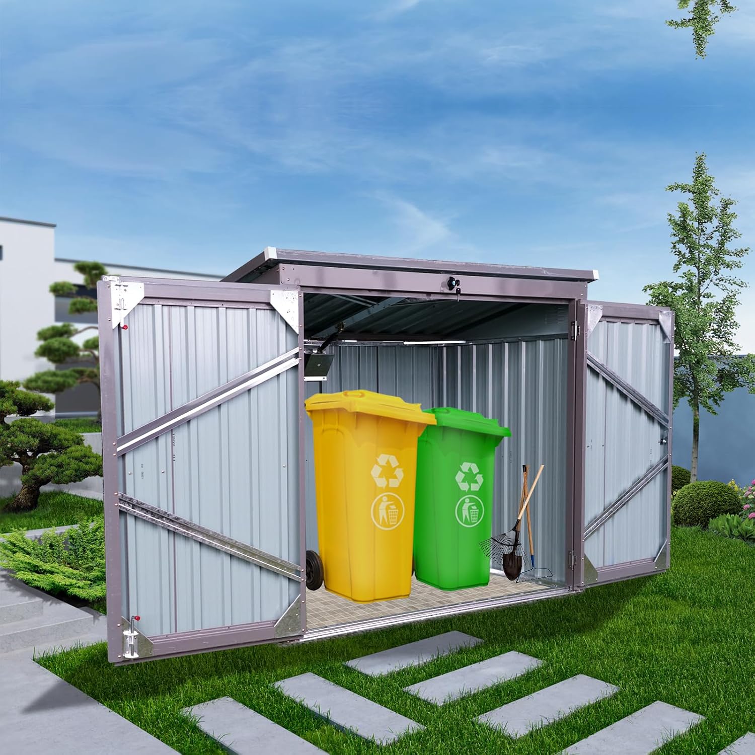 Upgraded Outdoor Trash Can Storage, 62'' Garbage Bin Shed Stores 2 Trash cans and Tools,Stainless Galvanized Steel Waterproof Lockable Garbage Shed for Garden Yard Lawn (Gray)