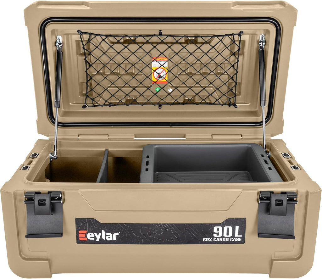 SRX-90 Overlanding Cargo Case – 90L Waterproof Storage Box for Camping, Off-Road & Truck Bed Gear – Heavy-Duty Lockable Storage with Gas Strut Lid, Stackable Design & Interior Organizer Tray (Tan)
