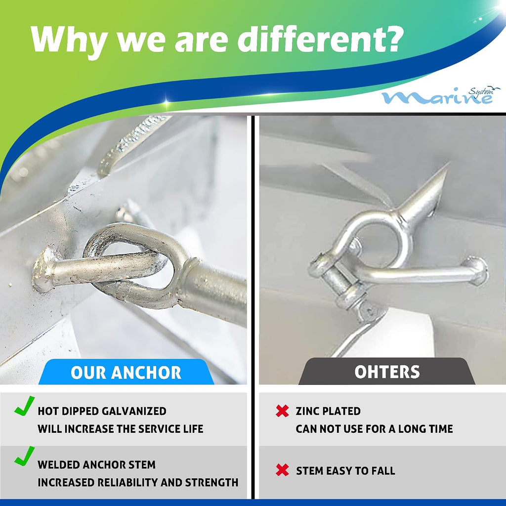 MARINE SYSTEM Galvanized Boat Folding Square Anchor Kit with 3/8 inch x 150 FT Rope and Shackle 13lb, 19lb, or 25 lb