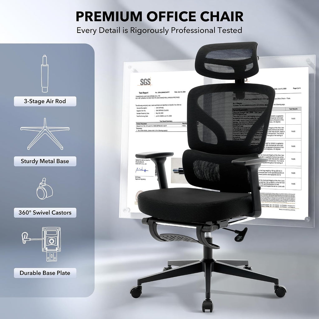 Office Chair Ergonomic Desk Chair - Home Mesh Chair with Adjustable Footrest Lumbar Support, High-Back Computer Gaming Chair with Headrest 3D Armrests, Rolling Swivel Task Chairs for Home, Office