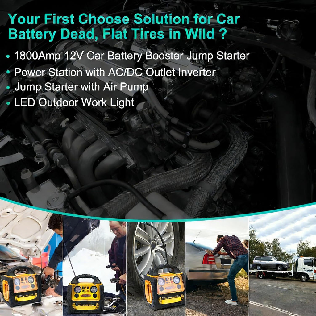 1800A Car Jump Starter with Air Compressor 150PSI,12V Portable Battery Jump Box (8.0L Gas/6L Diesel), Battery Booster with 400W Power Station AC/DC/USB
