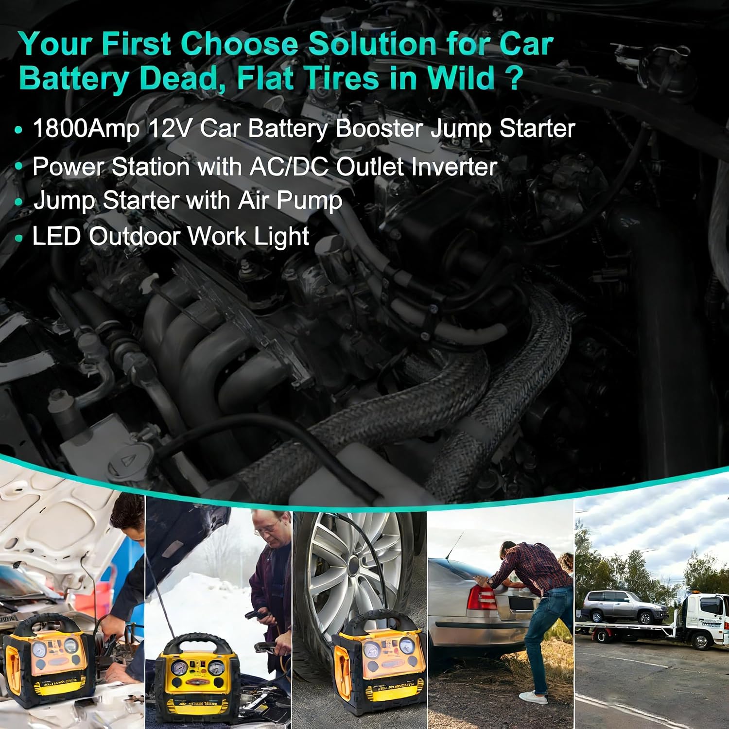 1800A Car Jump Starter with Air Compressor 150PSI,12V Portable Battery Jump Box (8.0L Gas/6L Diesel), Battery Booster with 400W Power Station AC/DC/USB
