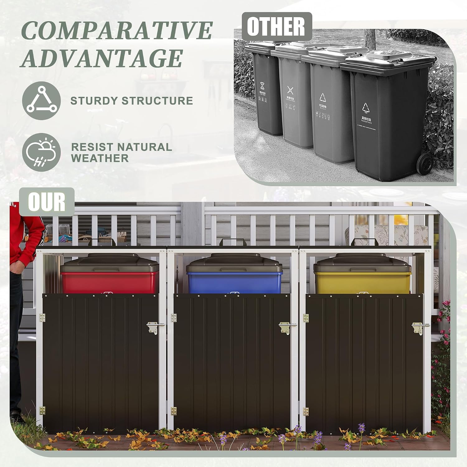 Outdoor Metal Garbage Bin Shed for 3 Trash Cans, Waterproof Galvanized Steel Double Trash Can Storage Shed with Hydraulic Lid, Lockable Door & Large Capacity for Garden Yard Patio, Dark Gray