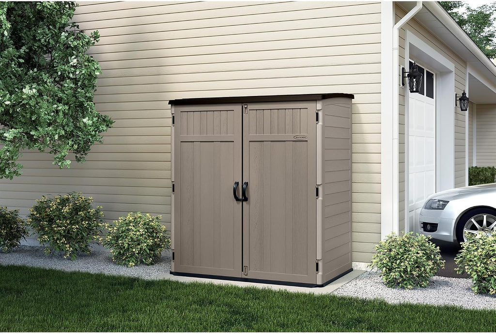 Suncast Extra-Large Vertical Storage Shed for Yard Storage, All-Weather Outdoor Storage Shed with 2 Lockable Doors, 70.5' W x 44.25' D x 77.5' H, Sand