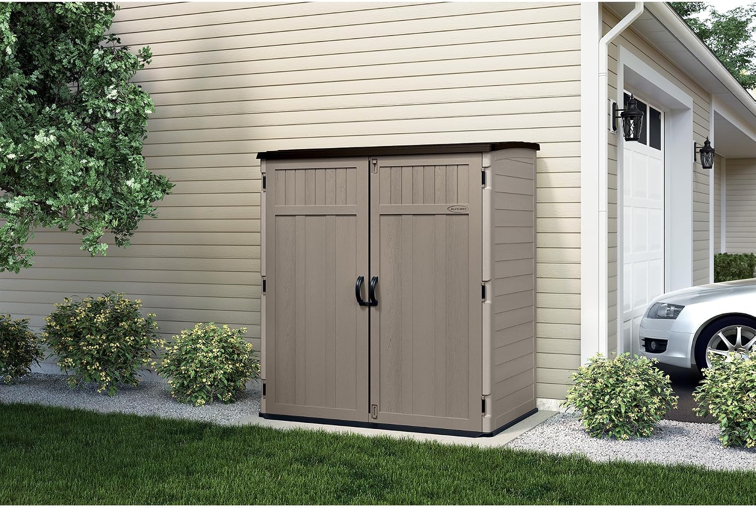 Suncast Extra-Large Vertical Storage Shed for Yard Storage, All-Weather Outdoor Storage Shed with 2 Lockable Doors, 70.5' W x 44.25' D x 77.5' H, Sand