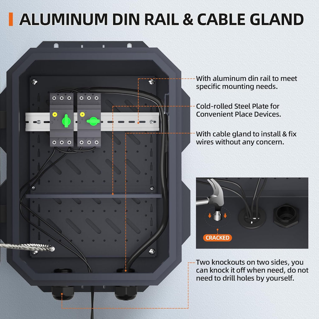Joinfworld Outdoor Electrical Box, Metal Outdoor Enclosure Box Waterproof IP65 Junction Vented Enclosure Weatherproof with Cold-Rolled Steel Plate Fan Din Rail Cable Gland 15.7'x11.8'x7.9'