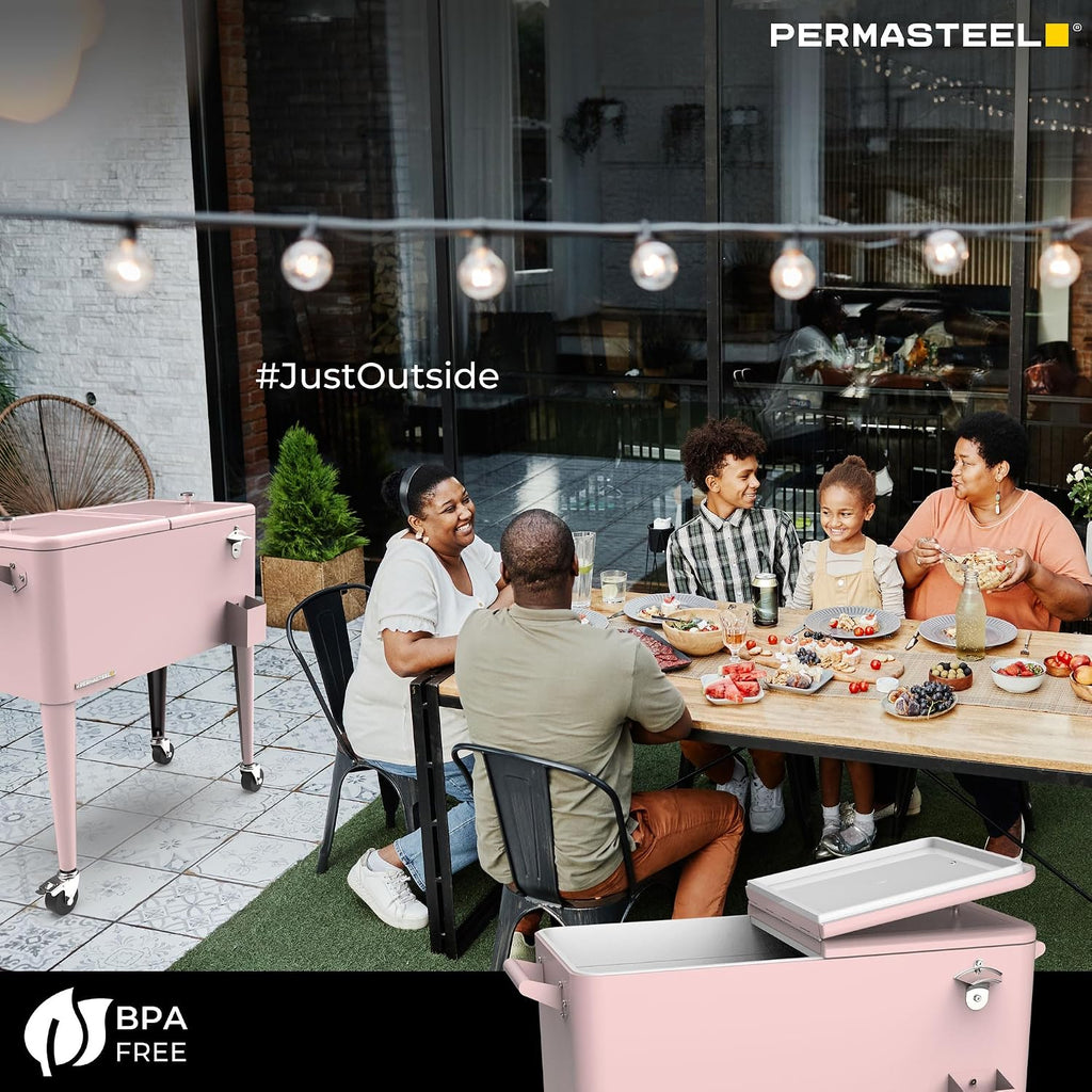 Permasteel 80-Qt Large Outdoor Patio Cooler with Wheels & Handles, Portable Rolling Hard Cooler for Outside, Retro Ice Cooler Cart, Beverage Can Coolers for Backyard Parties