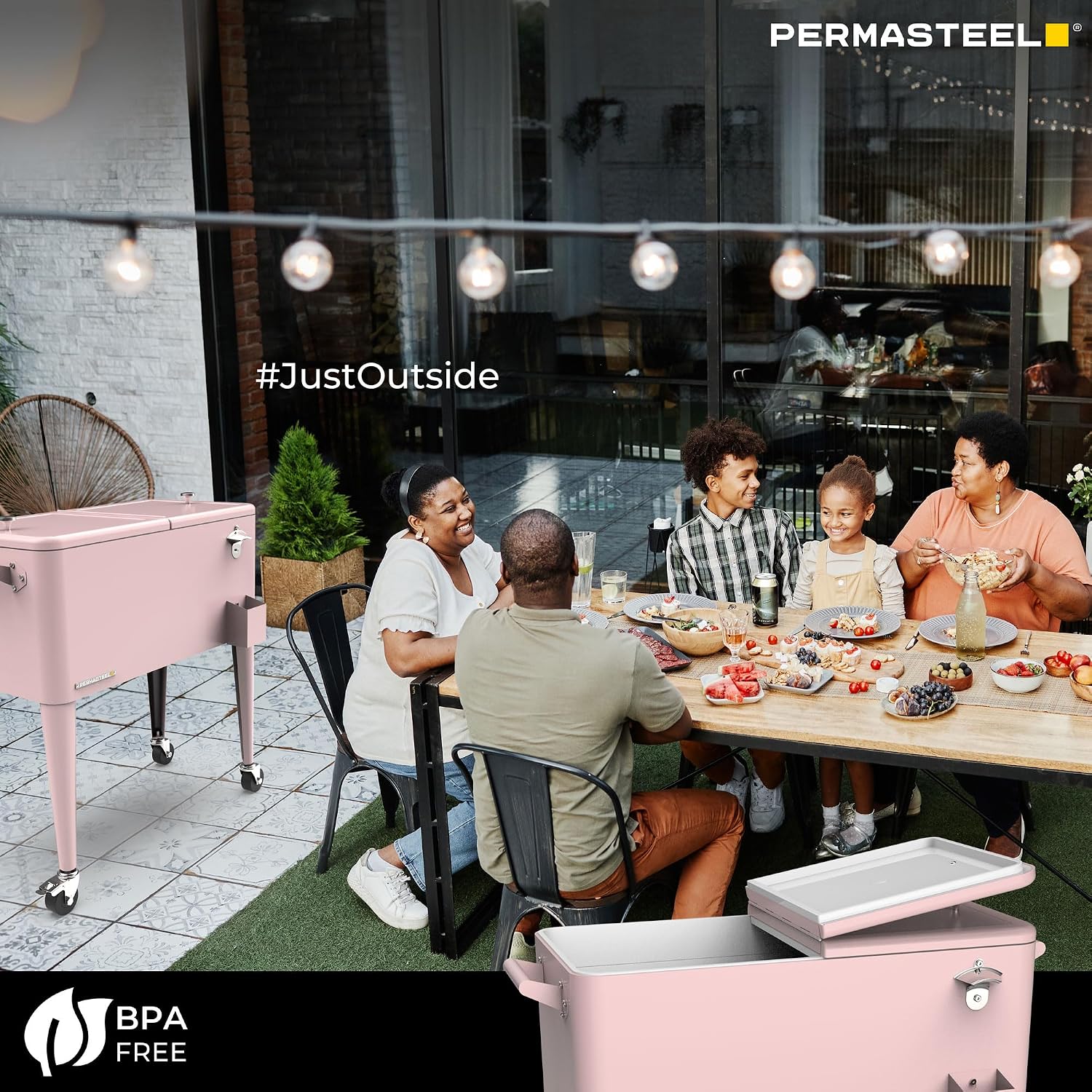 Permasteel 80-Qt Large Outdoor Patio Cooler with Wheels & Handles, Portable Rolling Hard Cooler for Outside, Retro Ice Cooler Cart, Beverage Can Coolers for Backyard Parties