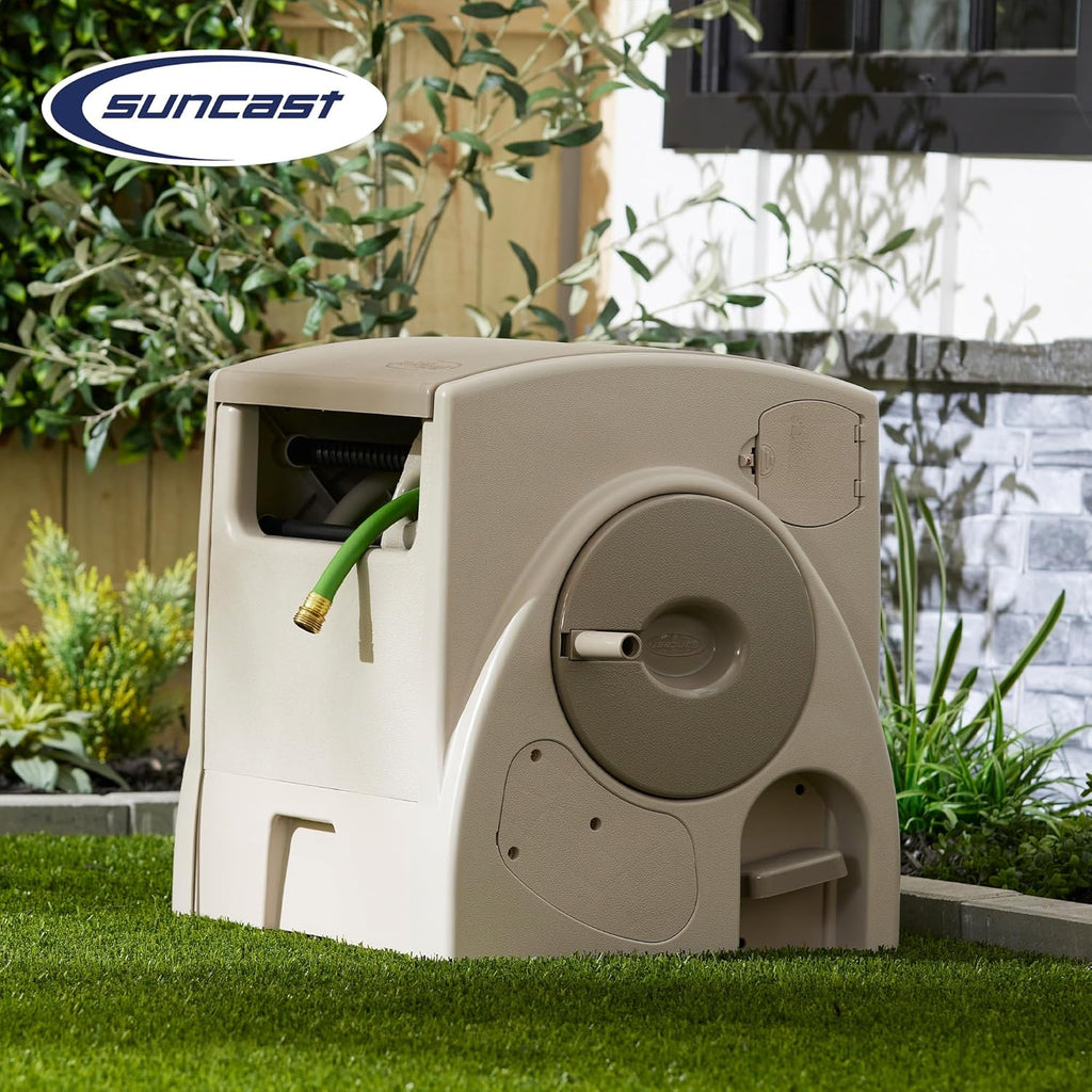 Suncast 2 Pack Automatic Rewind Garden Hose Reel, 100 ft. 5/8 in. Vinyl Hose Holder, Light Taupe