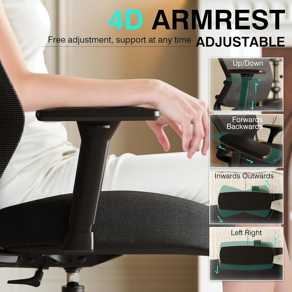 ELABEST Mesh Office Chair,Ergonomic Computer Desk Chair,Sturdy Task Chair- Adjustable Lumbar Support & Armrests,Tilt Function,Comfort Wide Seat,Swivel Home Office Chair (Noir Black (Padded Seat))