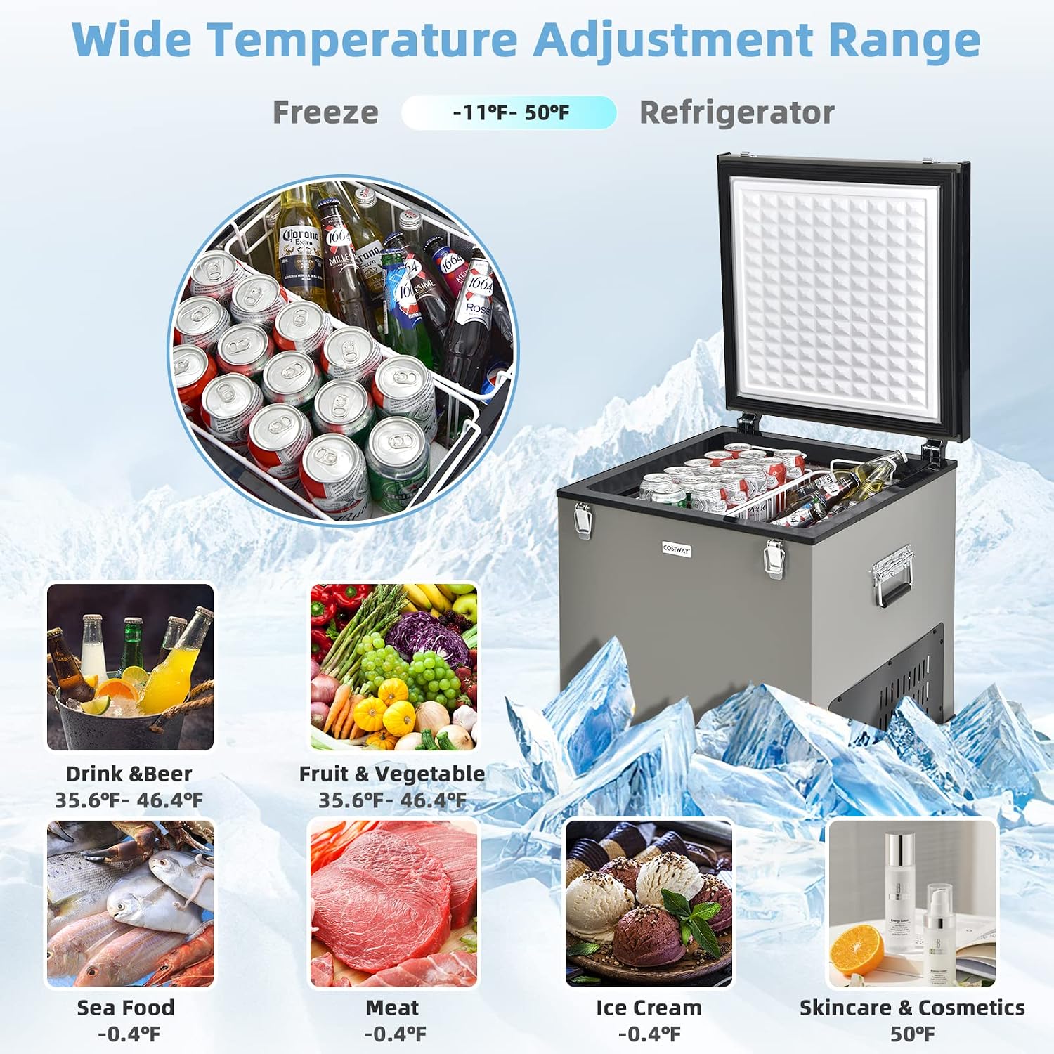 COSTWAY 68-Quart Car Refrigerator, Portable Chest Freezer(-11℉- 50℉) with 12V/24V DC & 110V/240V AC Adapter, Electric Compressor Fridge Cooler for Vehicles, Truck, RV, Camping, Traveling, Grey